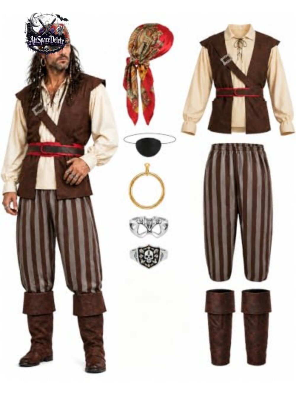 Men's 7 Pcs Pirate Costume Renaissance Halloween Polyester Outfit